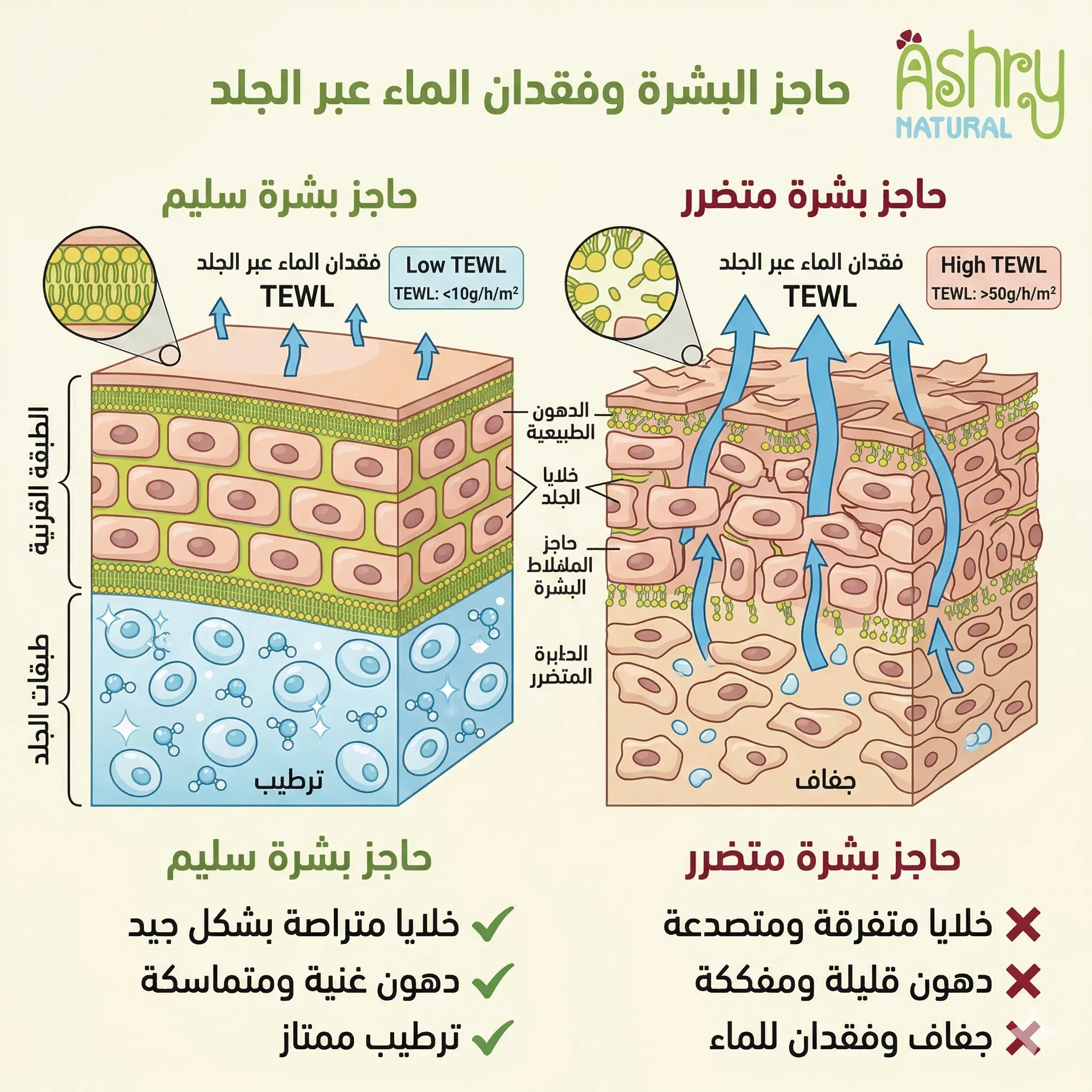 صورة توضح طبقات الجلد وحاجز البشرة وآلية فقدان الماء عبر الجلد TEWL