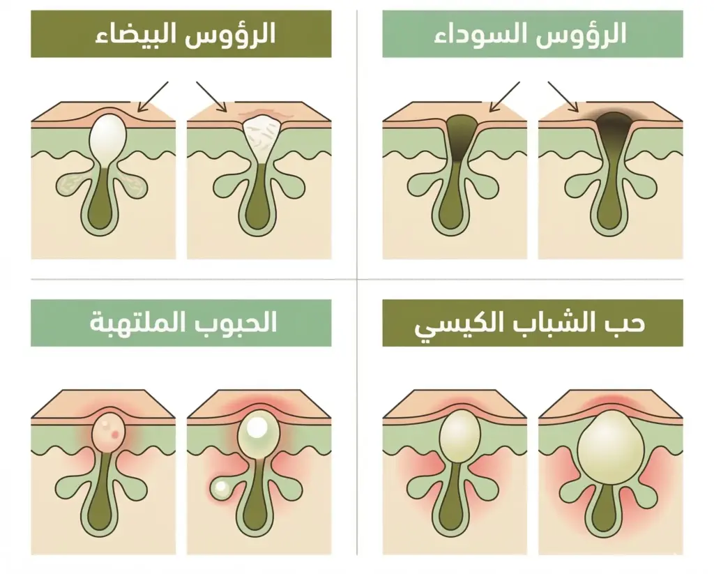 رسم توضيحي يوضح أنواع حب الشباب مثل الرؤوس السوداء والرؤوس البيضاء والحبوب الملتهبة وحب الشباب الكيسي